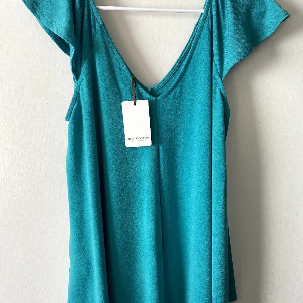 Green Envelope On/Off Shoulder Tank, Teal Green, Size L